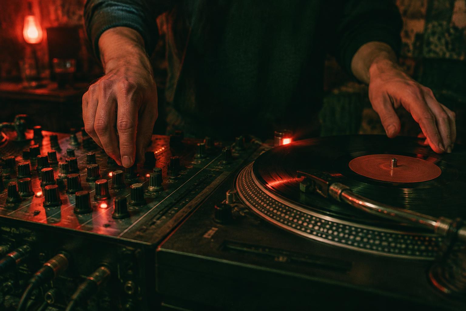 Hands working a DJ mixer and turntable in a dimly lit club